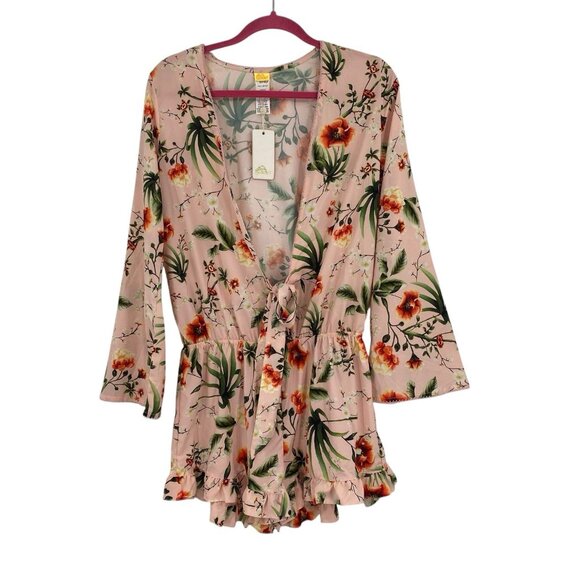Agua Bendita X Revolve Size M Larissa Floral Romper Pistachio Satin Pink NWT - Picture 1 of 15